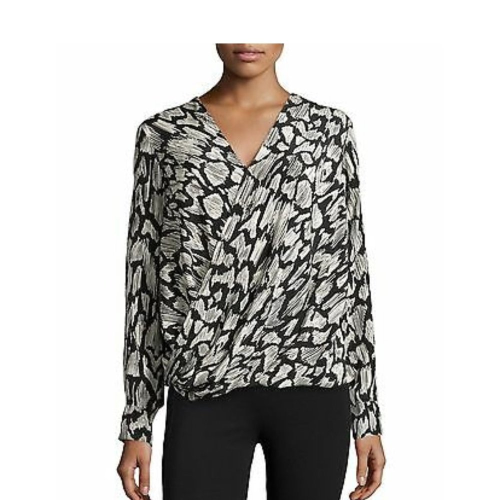 Derek Lam 10 Crosby Black White Long Sleeve Oversize Front Wrap Blouse size 2